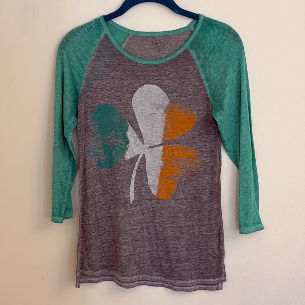 Green and Gray Raglan Shirt with Irish Clover Design